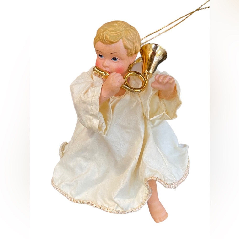 Sweet 5” Angel Wing Christmas Ornament Playing Horn Parchment Color Dress
